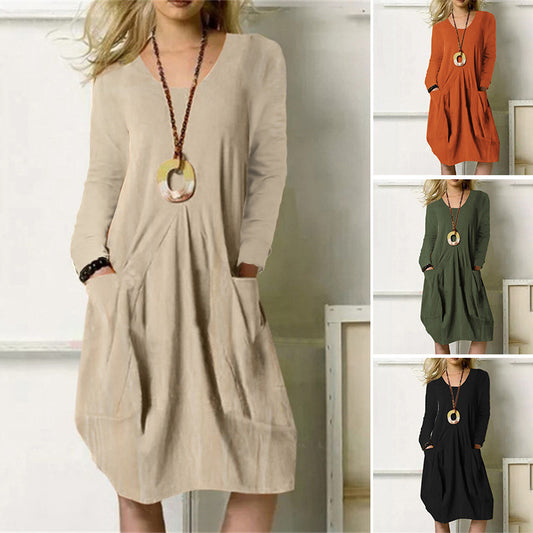 Women's Cotton Linen Loose Casual Solid Color Pocket Dress