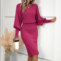 Women's Solid Color Round Neck Lantern Sleeve Bodycon Dress - Elastic Waist Knee-Length Knit Dress
