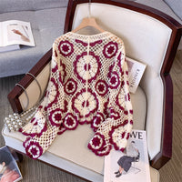 Women's Crochet Lace Yoke Sweater, Geometric Pattern Long Sleeve Pullover With Eyelet Embroidered Trim