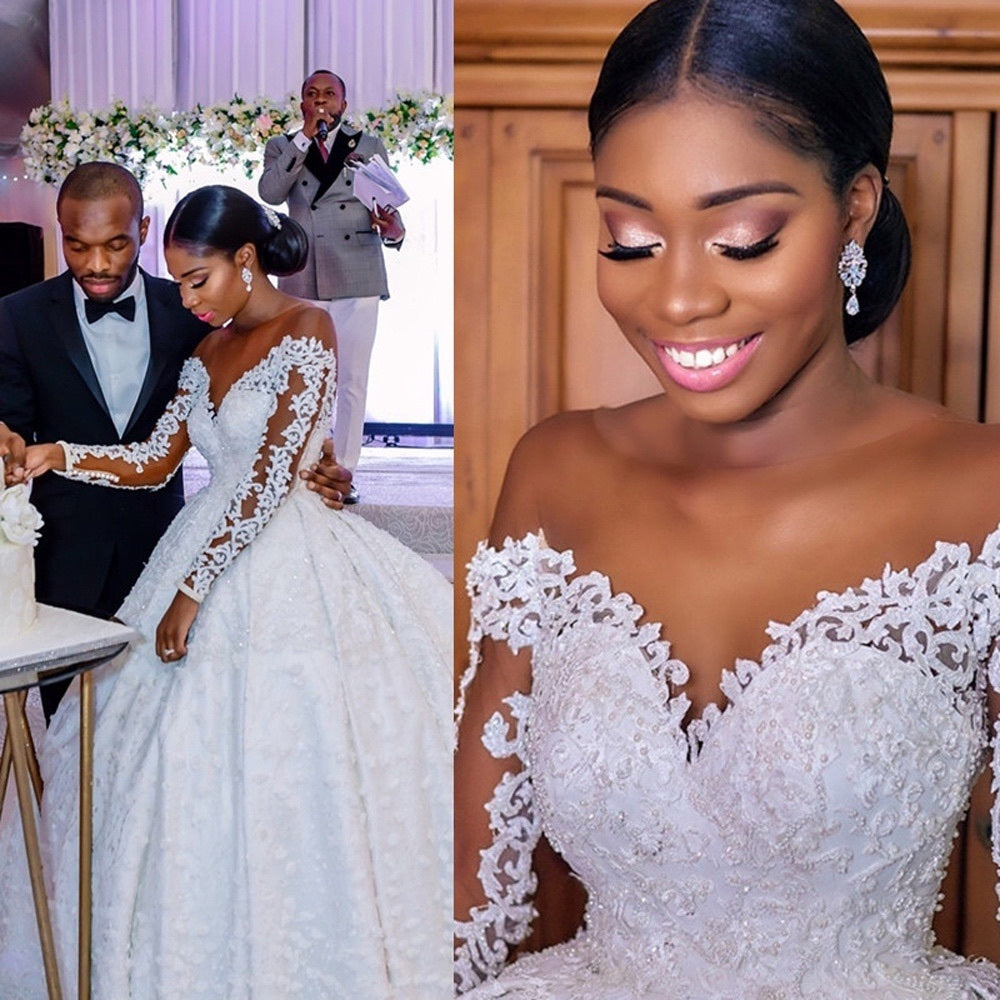 Custom Lace Wedding Gown – Elegant Pearl Detail Bridal Dress