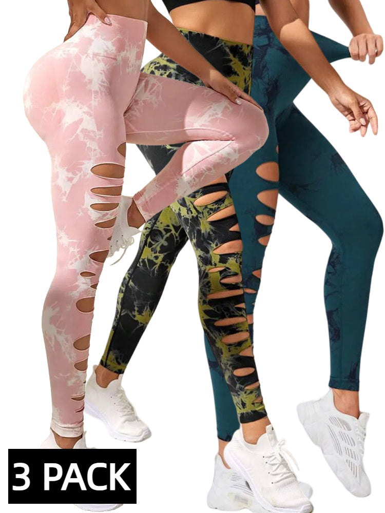 3 PACK Butt Hollow Out Tummy Control Sports Leggings Tie Dye Running Pants -