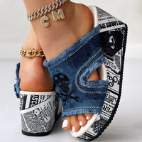 Newspaper Skull Original Hem Platform Wedge Slides - Anklet Not Included