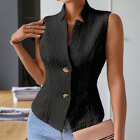 Women's Elegant Solid Color Stand Collar Sleeveless Vest - Ribbed & Button Detail Summer Casual Outerwear