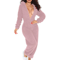 Women's Solid Color Plush Hooded Tracksuit Set Zip-Up Long Sleeve Top And Pants For Winter Loungewear