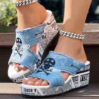Newspaper Skull Original Hem Platform Wedge Slides - Anklet Not Included