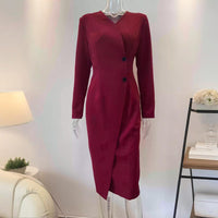 Women's Elegant V-Neck Wrap Dress Long Sleeve Button Front Midi Dress With Hidden Zipper & Slit Hem For Office