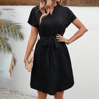 Women's Elegant V Neck Short Sleeve High Waist Summer Casual Dress With Belt