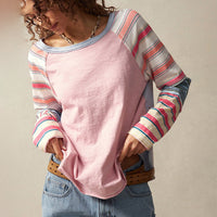 Striped Patchwork Long Sleeve Top – Round Neck Pullover