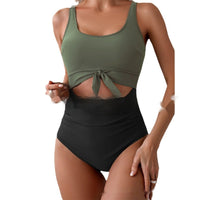 One-piece Female Stitching Contrast Color Strap Covered Belly Swimsuit