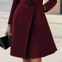 Women's Stand Collar Long Sleeve Dress, Elegant High Waist Belted Midi Dress, Slim Fit Office Formal Dress