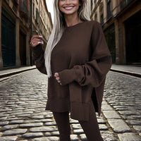 Women's Solid Color 2-Piece Set Casual Tracksuit, Long Sleeve Crewneck Sweatshirt With Side Slits & Slim Fit Jogger Pants