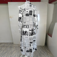Women's Long Sleeve Newspaper Print Shirt Dress Button Down Casual Long Dress