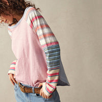 Striped Patchwork Long Sleeve Top – Round Neck Pullover