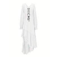 Women's Solid Color Deep V-Neck Irregular Ruffle Hem Sexy Tie-Waist With Cuffed Sleeves Summer Gothic Lace Trim Midi Dress