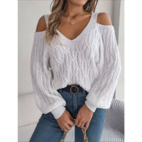 Off-Shoulder Lantern Sleeve Sweater – Solid Color Autumn Winter Knit Top