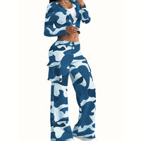 Women's Camouflage Print 2-Piece Set, V-Neck Single Button Crop Top & Drawstring Cargo Pants For Spring Fall