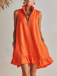 New Stylish Casual Loose Half-Zip Sleeveless Dress With Ruffle Hem