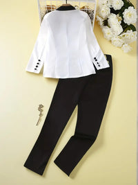 2025 Black And White Two-piece Pants Set, Casual Double Row Button Front Suit Jacket And Straight Leg Pants, Fashionable Women's Clothing