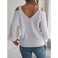 Off-Shoulder Lantern Sleeve Sweater – Solid Color Autumn Winter Knit Top