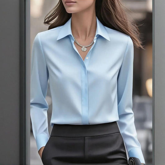 Fleece Bathrobe Satin Blouse, V Neck Loose Fit Tunic Top For Business Casual Office Fall