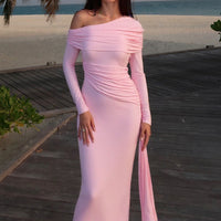 Women's Elegant One-Shoulder Ruffle Dress, Long Sleeve Bodycon Gown With Flowing Ribbon For Spring And Fall
