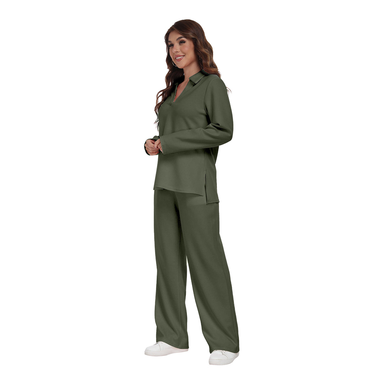 RONGTAI 2 Piece Outfits Sweatsuit For Women Casual Long Sleeve V Neck Pullover Tracksuit Solid Soft Comfy Tracksuits Set