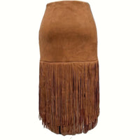 Western Boho Fringe Skirt – Asymmetrical Pull-On Denim Style Midi Skirt