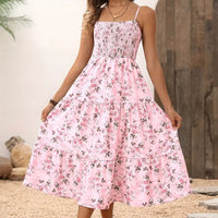 Womens Summer Floral Midi Dress Smocked Spaghetti Strap Sleeveless Tiered Casual Flowy Dresses
