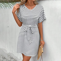 Womens Summer Short Sleeve Striped Dress Casual Tie Waist Midi Dresses