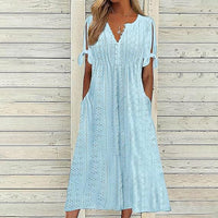 Women's Eyelet V-Neck Maxi Dress Short Sleeve Flowy A-Line Summer Beach Dress
