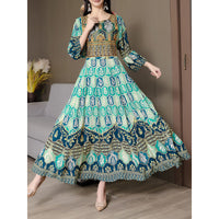 Women's Bohemian Print Maxi Dress, Ethnic Style Round Neck 3 4 Sleeve Embroidered Flowy Party Dress