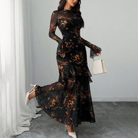 Women's Floral Print Maxi Dress, Sheer Mesh Flare Sleeve With Tiered Ruffle, Romantic Boho Casual Long Dress