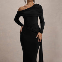 Women's Elegant One-Shoulder Ruffle Dress, Long Sleeve Bodycon Gown With Flowing Ribbon For Spring And Fall