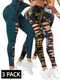 3 PACK Butt Hollow Out Tummy Control Sports Leggings Tie Dye Running Pants -