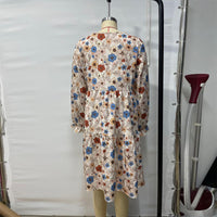 Women's Floral Print Boho Dress, Round Neck Smocked Cuff Sleeve Midi Dress With Patchwork Design For Spring And Fall