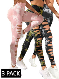 3 PACK Butt Hollow Out Tummy Control Sports Leggings Tie Dye Running Pants -