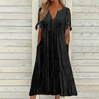 Women's Eyelet V-Neck Maxi Dress Short Sleeve Flowy A-Line Summer Beach Dress