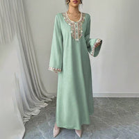 Women's Middle Eastern Embroidered Maxi Dress - Round Neck Long Sleeve Flowy Kaftan With Exquisite Embroidery, Loose Fit