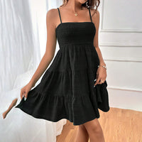 Women's Spaghetti Strap Sleeveless Smocked A-Line Swing Mini Dress, Elegant Casual Summer Dress