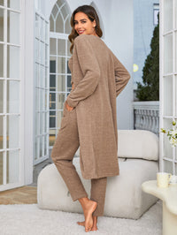 Women's Fuzzy 3 Piece Sweatsuit Open Front Cardigan Crop Tank Tops Wide Legs Pants Lounge Sets