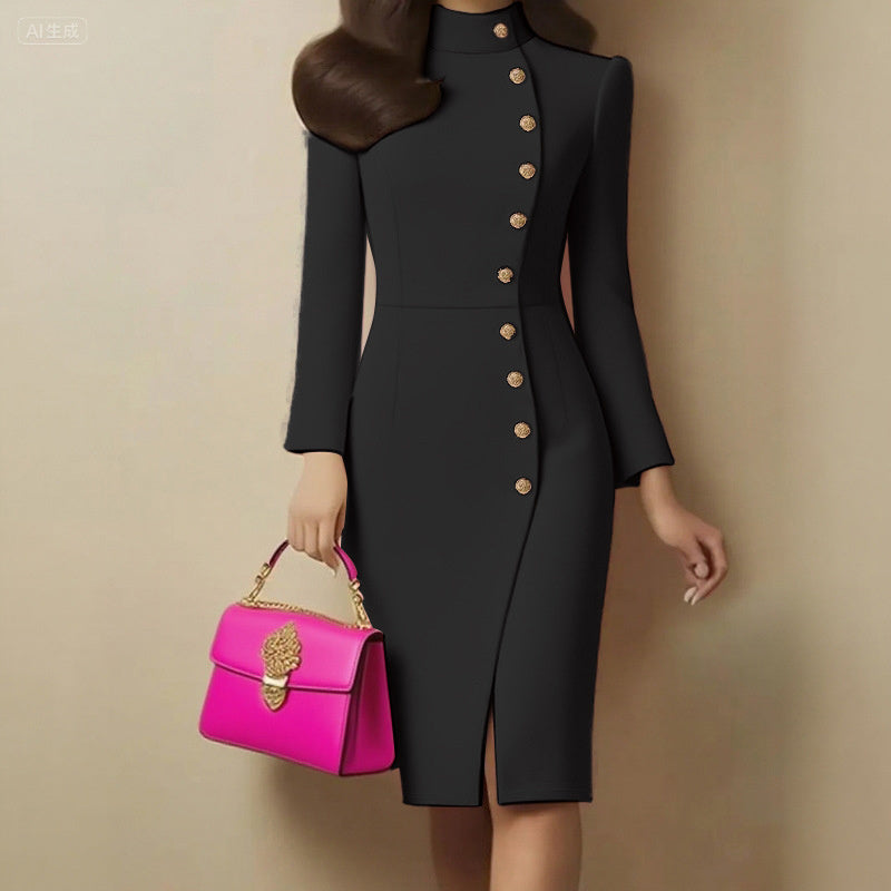 Elegant Solid Color Women's Long Sleeve Dress, Stand Collar With Golden Buttons Bodycon Slit Hem Dress For Formal Occasions