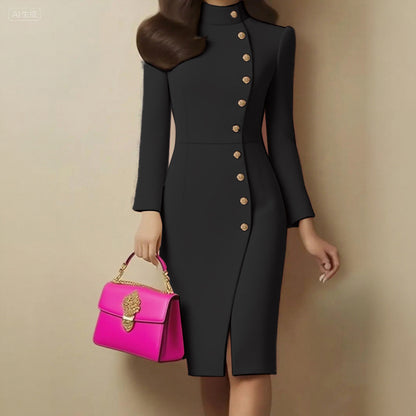 Elegant Solid Color Women's Long Sleeve Dress, Stand Collar With Golden Buttons Bodycon Slit Hem Dress For Formal Occasions