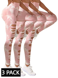 3 PACK Butt Hollow Out Tummy Control Sports Leggings Tie Dye Running Pants -