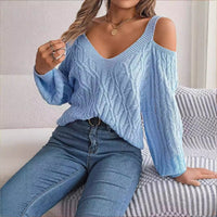 Off-Shoulder Lantern Sleeve Sweater – Solid Color Autumn Winter Knit Top