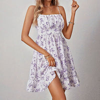 Womens Summer Floral Print Smocked Mini Dress Sleeveless Spaghetti Strap Slim Fit Flowy Dresses