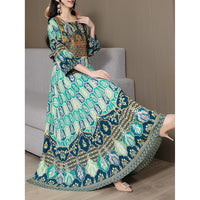Women's Bohemian Print Maxi Dress, Ethnic Style Round Neck 3 4 Sleeve Embroidered Flowy Party Dress