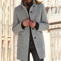 Women’s Woolen Stand Collar Coat – Fall Winter Casual Button Outwear with Pockets