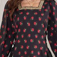 Women's Elegant Floral Print Square Neck Dress With Puff Sleeves & Cinched Waist, Summer Bohemian Dress