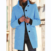 Women’s Woolen Stand Collar Coat – Fall Winter Casual Button Outwear with Pockets