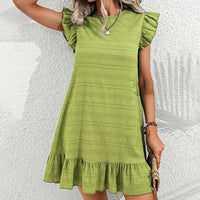 Womens Plus Size Round Neck Solid Dress Falbala Sleeveless Ruffled Summer Dress With Pleated Detail